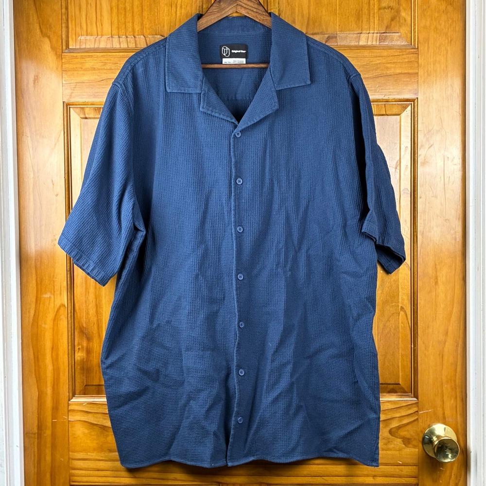 Original Use Mens 2XL Tall Blue Waffle Knit Camp Collar Short Sleeve Shirt